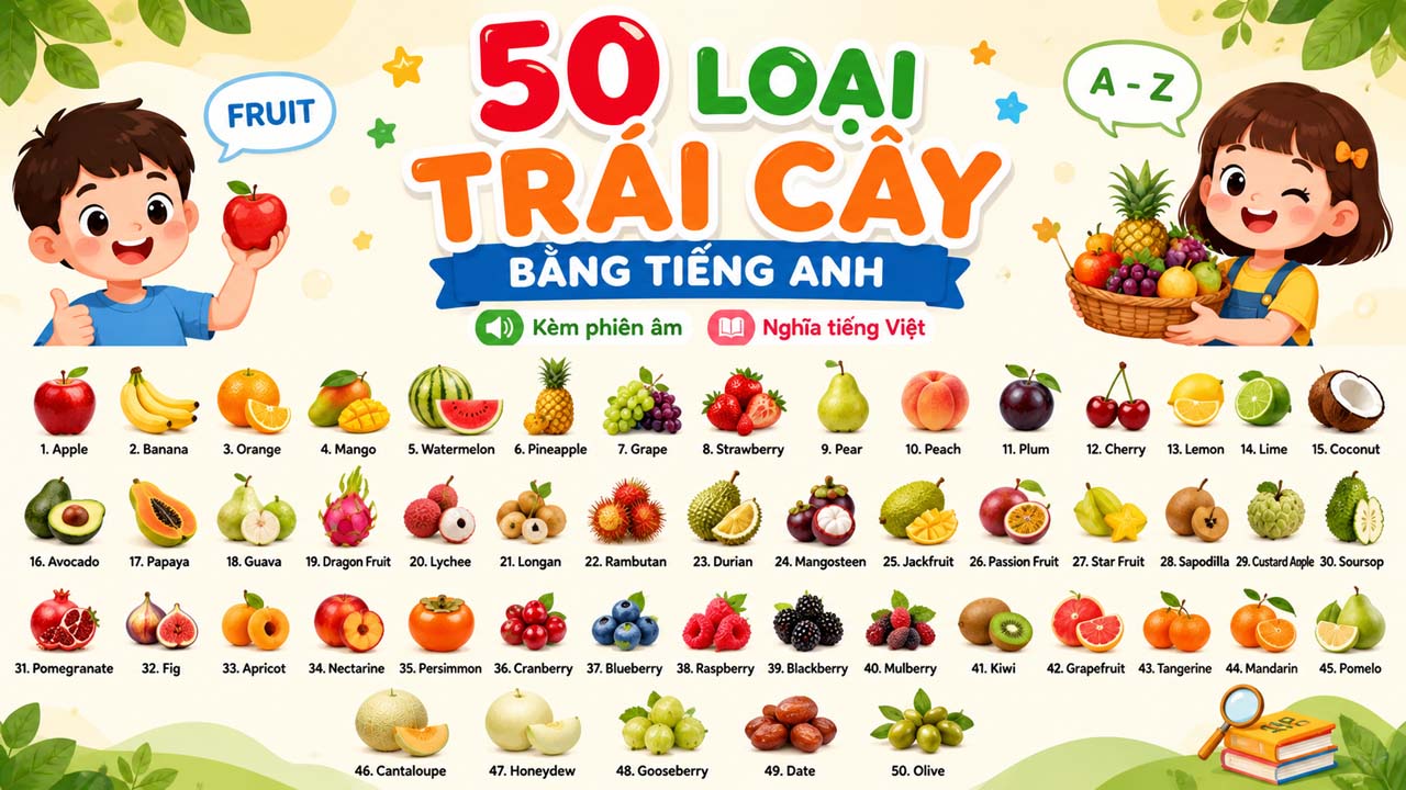 50 loại trái cây bằng tiếng Anh kèm phiên âm và nghĩa tiếng Việt