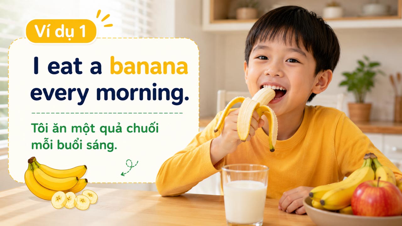 I eat a banana every morning - Tôi ăn một quả chuối mỗi buổi sáng