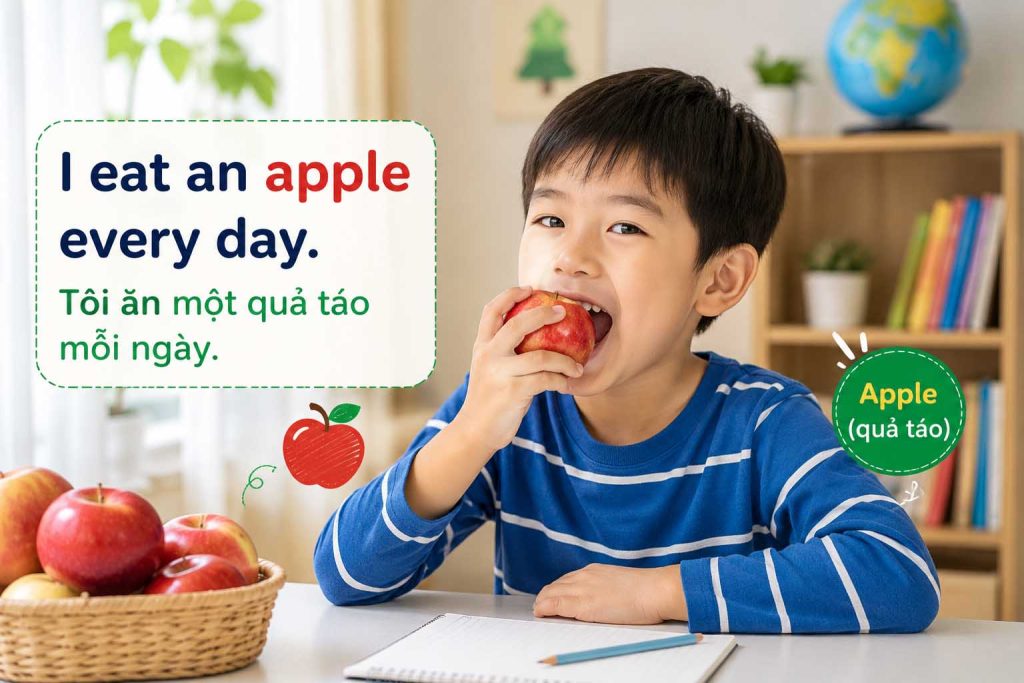 I eat an apple every day - Tôi ăn một quả táo mỗi ngày