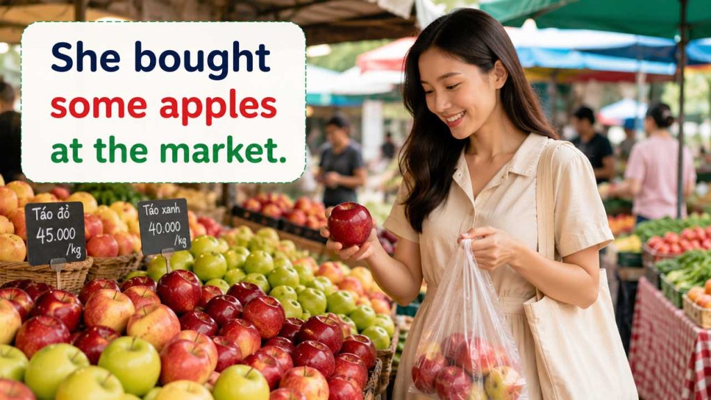 She bought some apples at the market - Cô ấy mua vài quả táo ở chợ