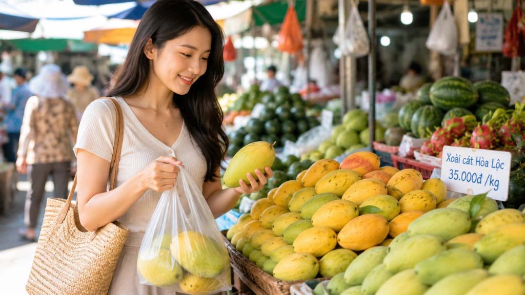 She bought some mangoes at the market - Cô ấy mua vài quả xoài ở chợ
