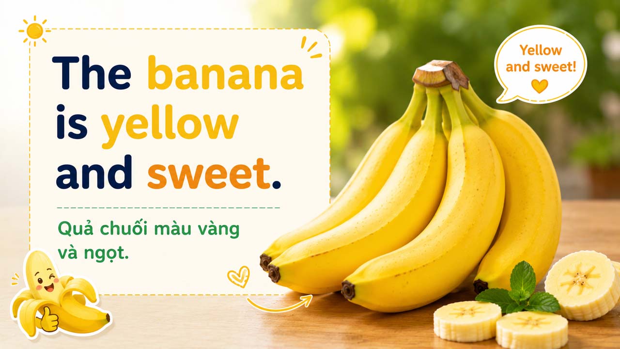 The banana is yellow and sweet - Quả chuối màu vàng và ngọt
